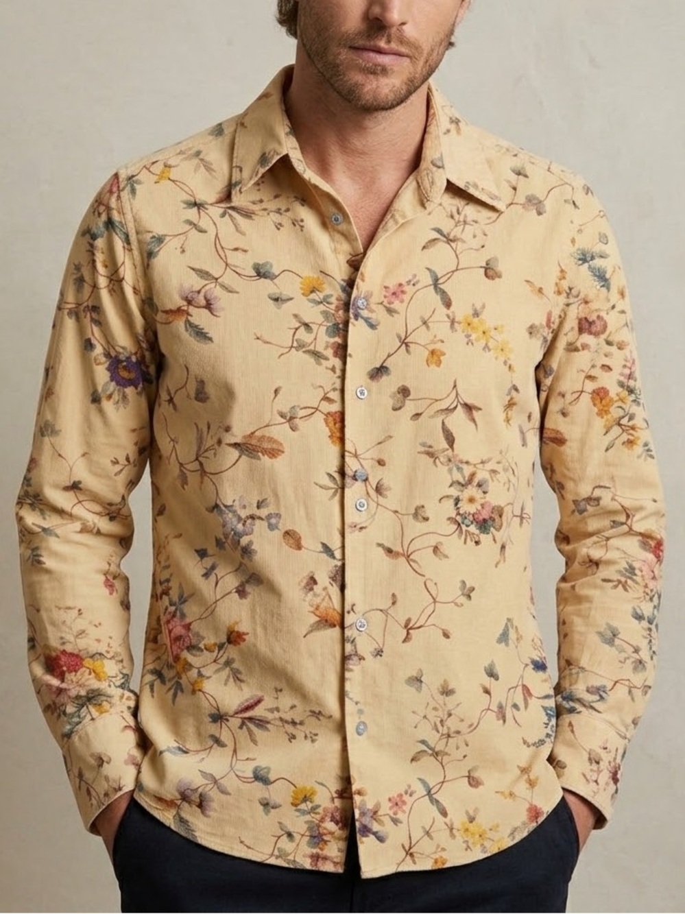 Sand Copenhagen Floral Printed Corduroy Button Up Mens Shirt EU41 L Cream Tan